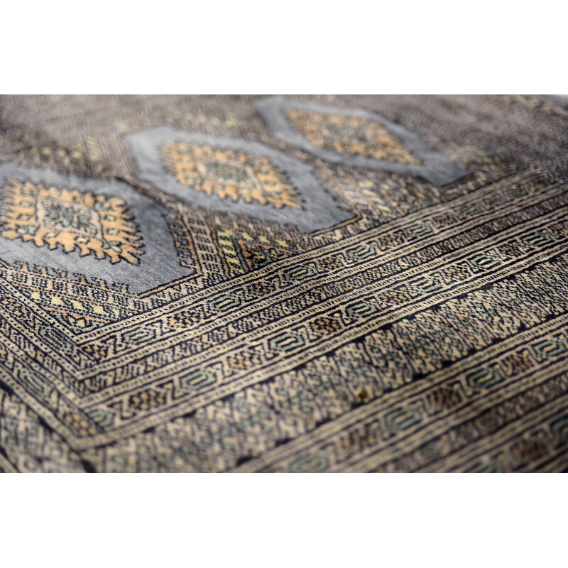 Alfombra paquistaní vintage Bukhara azul y gris tejida a mano, años 60