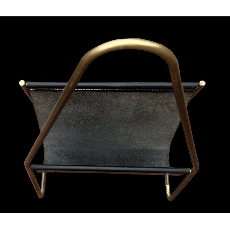 Vintage brass and leather magazine rack by Carl Aubock for Aubock Werkstatte