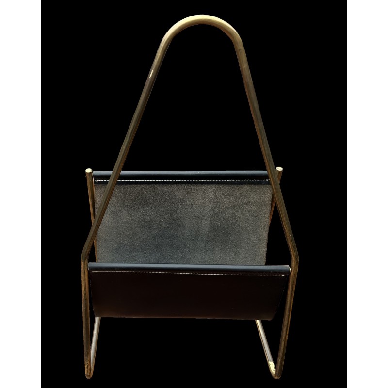 Vintage brass and leather magazine rack by Carl Aubock for Aubock Werkstatte