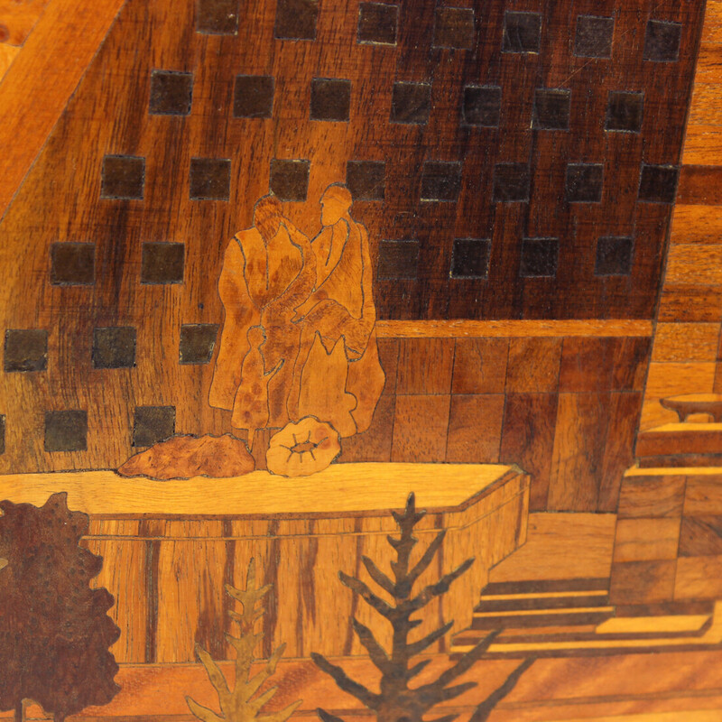 Obra de arte vintage en chapa de madera con incrustaciones, Checoslovaquia años 50