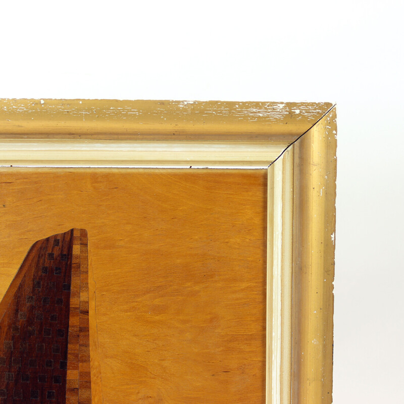Obra de arte vintage en chapa de madera con incrustaciones, Checoslovaquia años 50