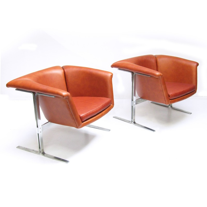 Paar vintage cognac lederen fauteuils van Geoffrey Harcourt voor Artifort, 1963