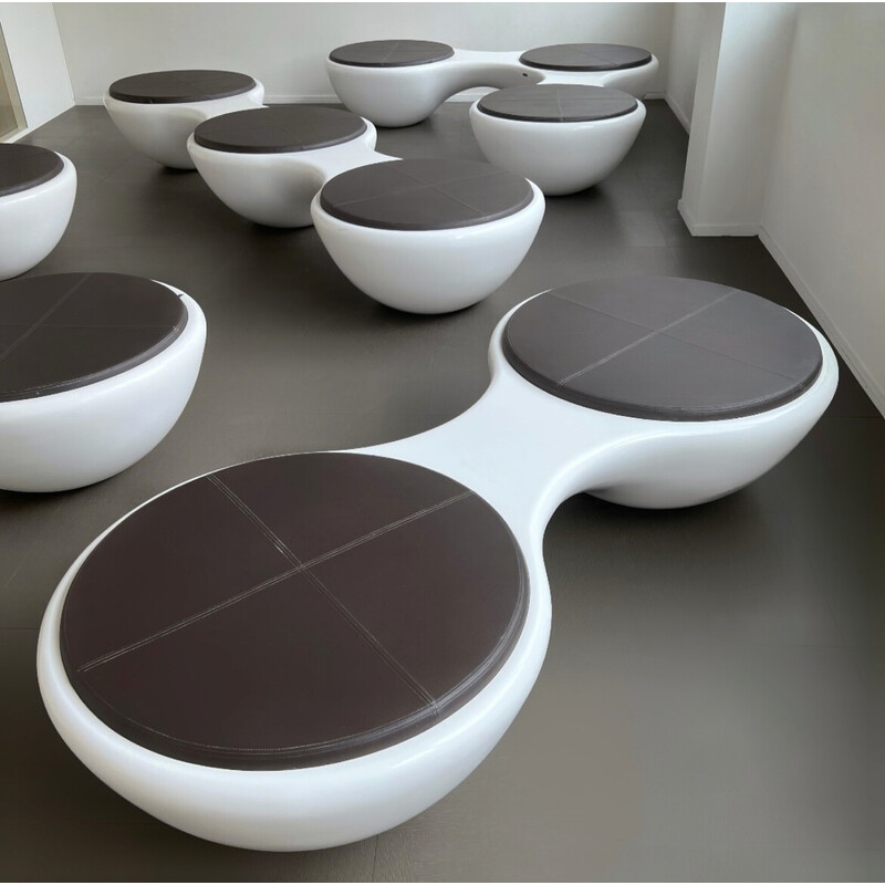 Set of 5 vintage fiberglass and brown leather benches by Jangir Maddadi for Union panorama, 2012