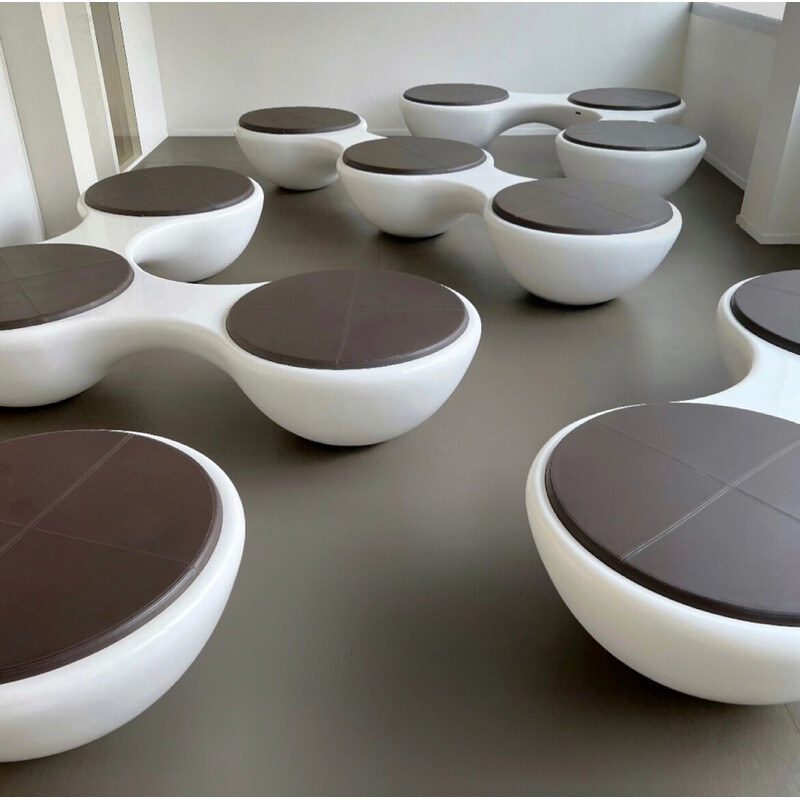 Set of 5 vintage fiberglass and brown leather benches by Jangir Maddadi for Union panorama, 2012