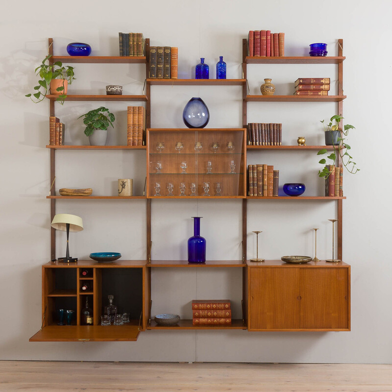 Vintage teak three bay wall unit by Poul Cadovious for Cado, Denmark 1960s