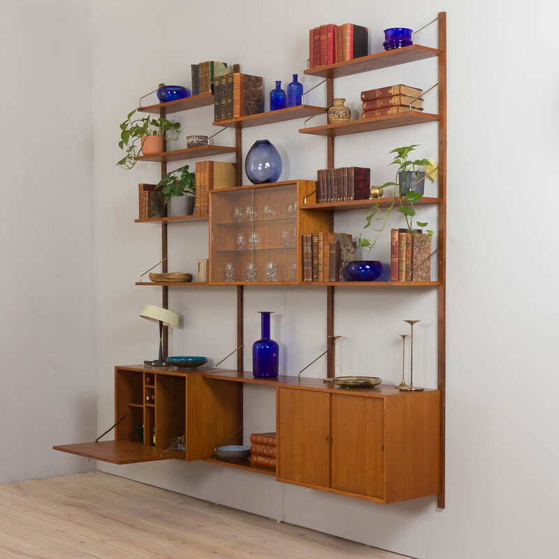 Vintage teak three bay wall unit by Poul Cadovious for Cado, Denmark 1960s