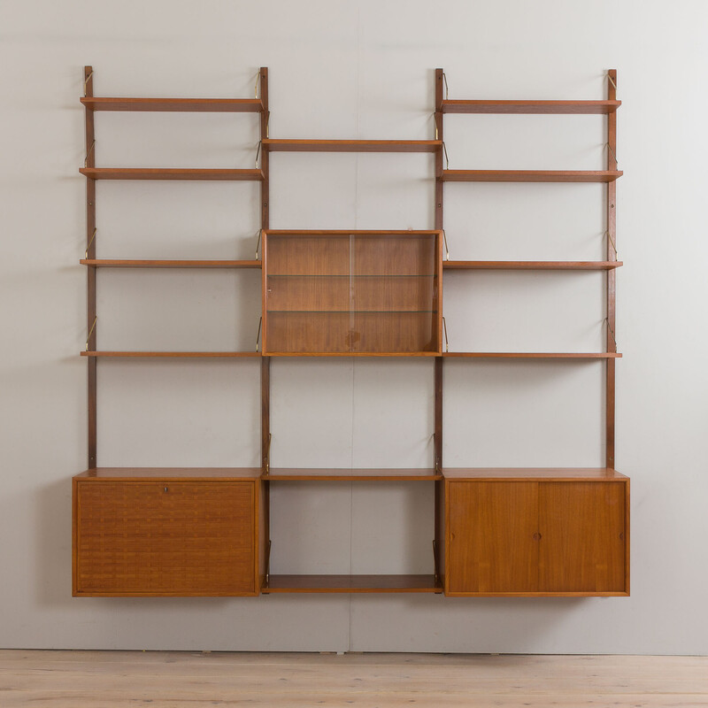 Vintage teak three bay wall unit by Poul Cadovious for Cado, Denmark 1960s