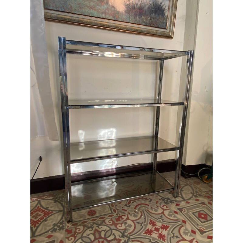 Vintage modular shelf in chrome and smoked glass, 1970