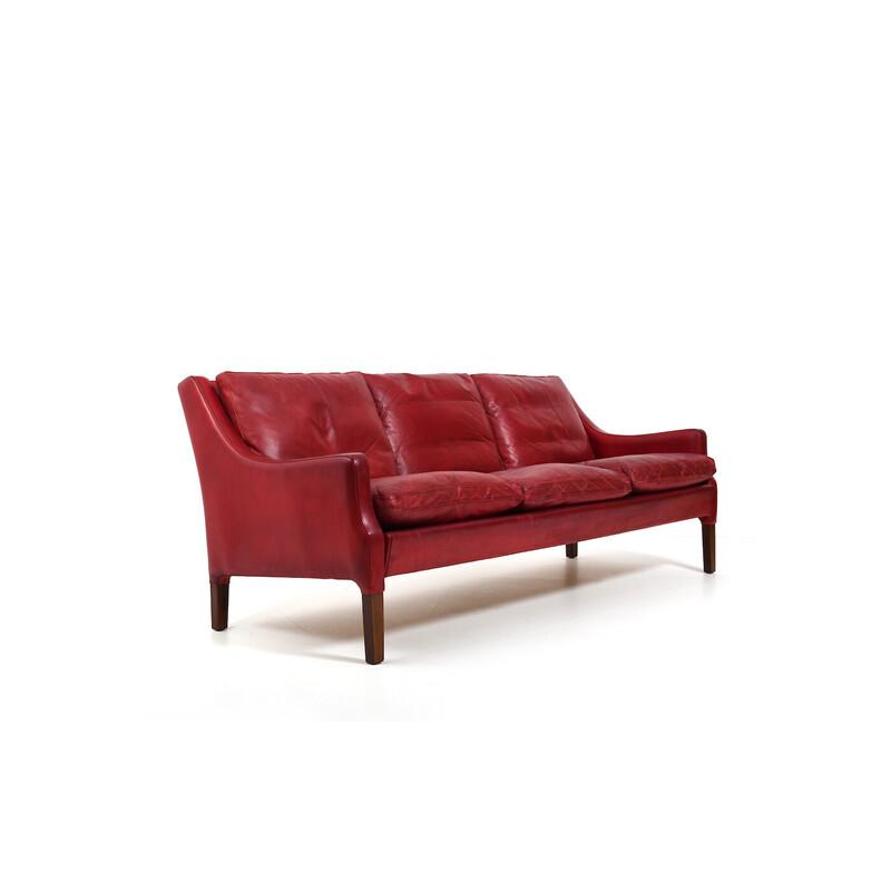 Vintage patinated Indian red leather sofa by Arne Wahl Iversen