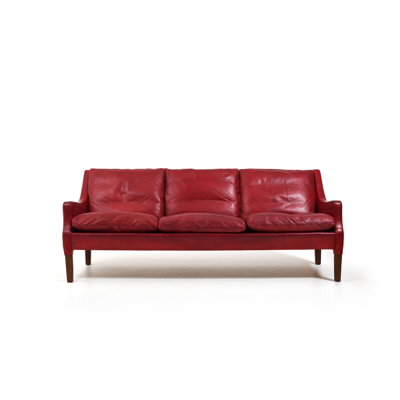 Canapé vintage en cuir rouge indien patiné par Arne Wahl Iversen