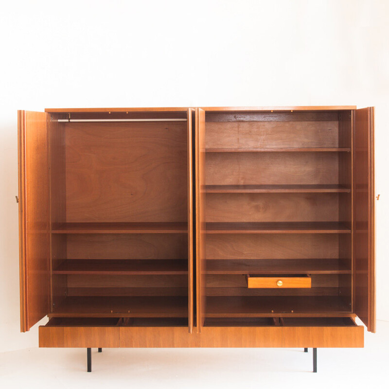 Vintage teak cabinet with 4 doors and 5 drawers, France 1960