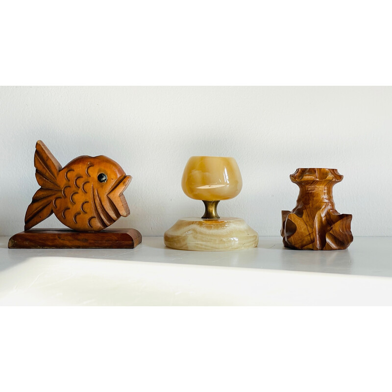 Set of 3 vintage wood and onyx candlestisks