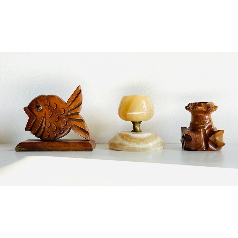 Set of 3 vintage wood and onyx candlestisks