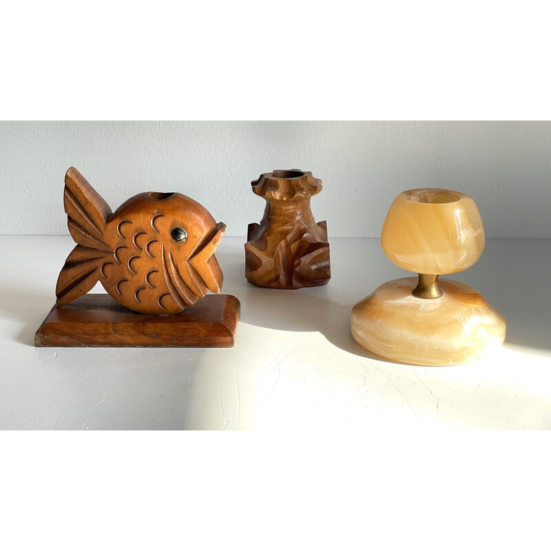 Set of 3 vintage wood and onyx candlestisks