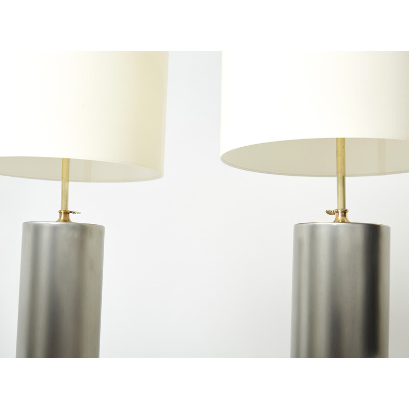 Pair of vintage modernist lamps in brushed steel and brass, 1966