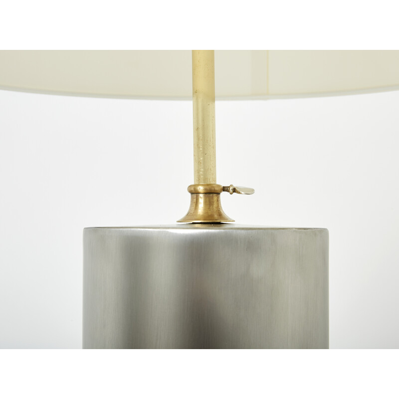 Pair of vintage modernist lamps in brushed steel and brass, 1966