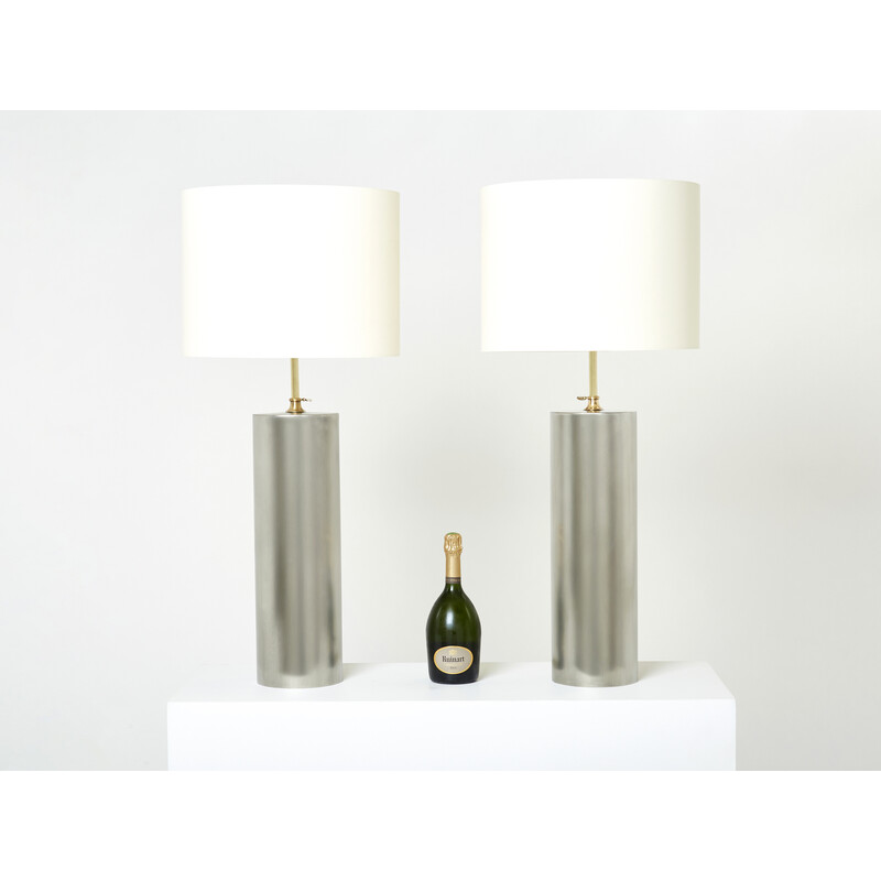 Pair of vintage modernist lamps in brushed steel and brass, 1966