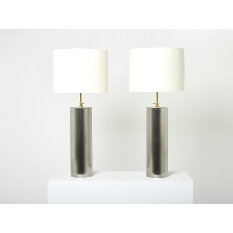 Pair of vintage modernist lamps in brushed steel and brass, 1966