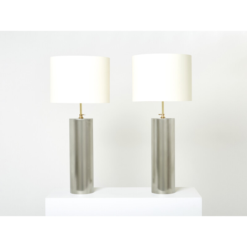 Paar vintage modernistische lampen in geborsteld staal en messing, 1966