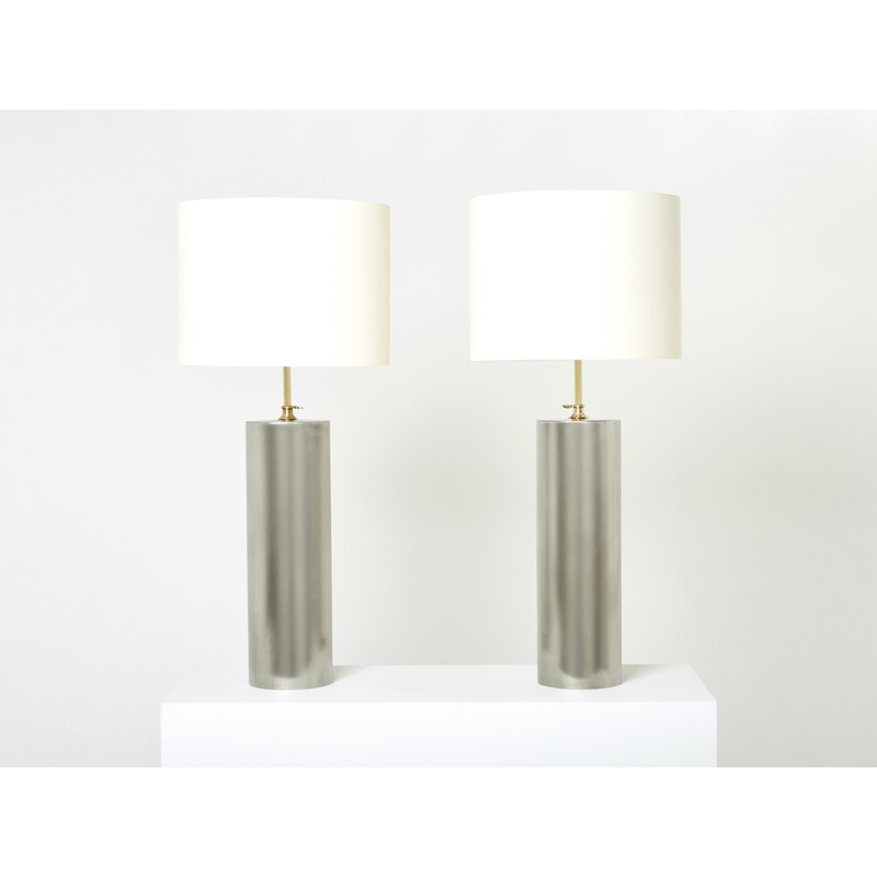 Pair of vintage modernist lamps in brushed steel and brass, 1966