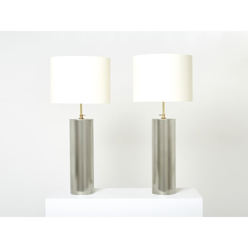 Pair of vintage modernist lamps in brushed steel and brass, 1966