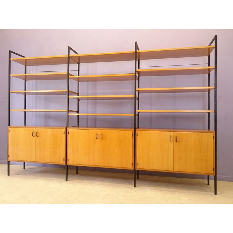 Modular clear oak and metal bookcase - 1950s