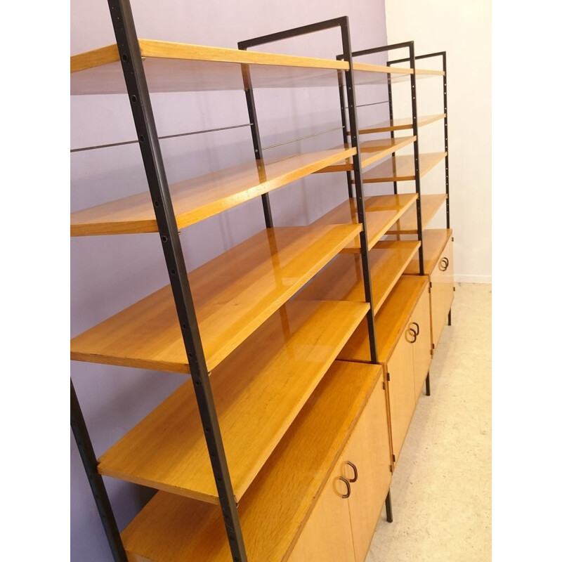 Modular clear oak and metal bookcase - 1950s