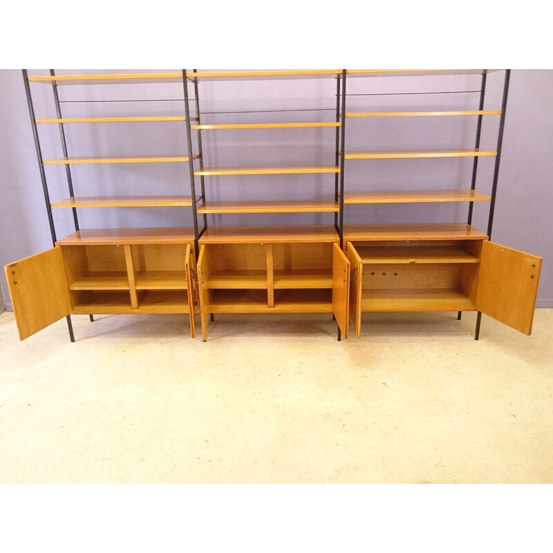 Modular clear oak and metal bookcase - 1950s