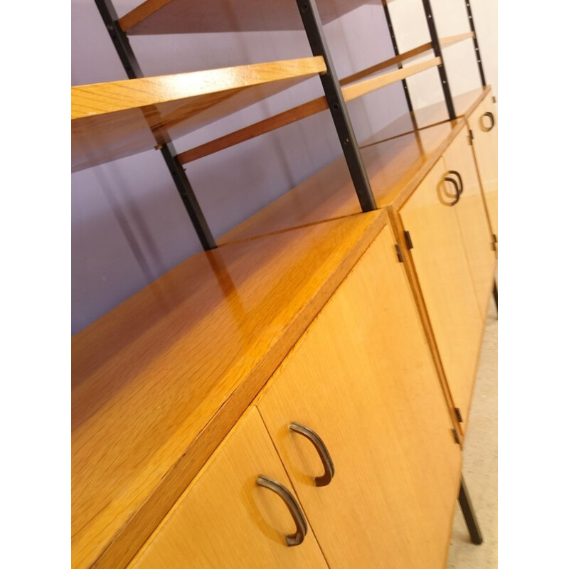 Modular clear oak and metal bookcase - 1950s