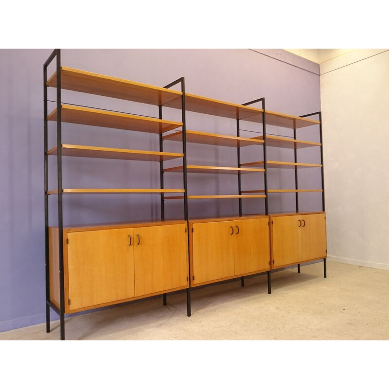 Modular clear oak and metal bookcase - 1950s