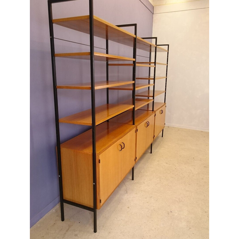 Modular clear oak and metal bookcase - 1950s