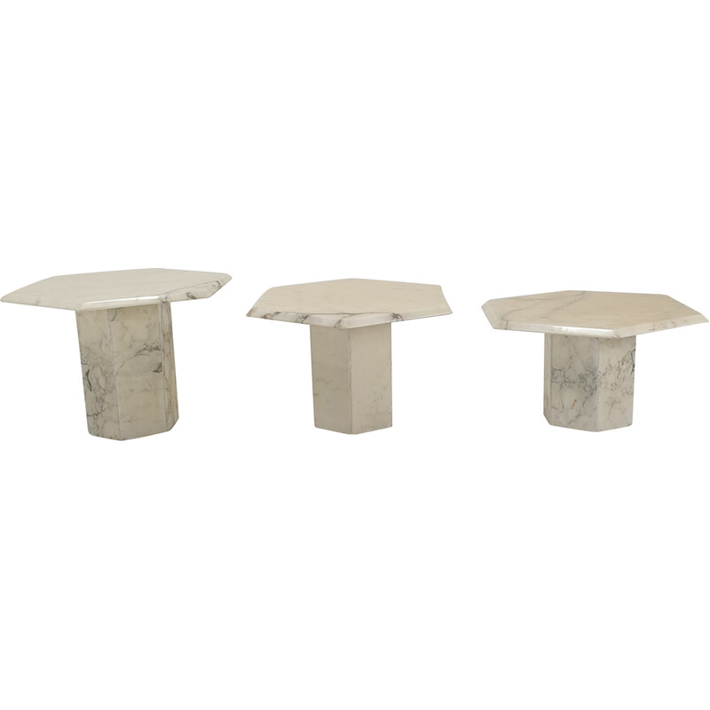 Set of 3 vintage Carrara marble side tables, Italy 1980s