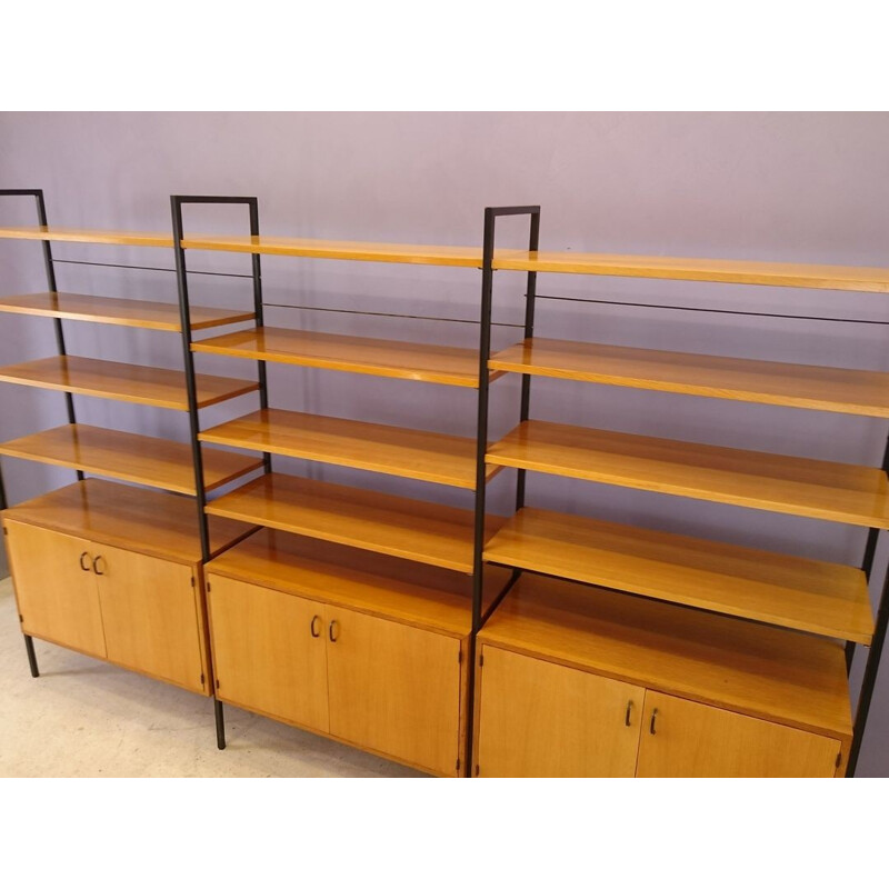 Modular clear oak and metal bookcase - 1950s