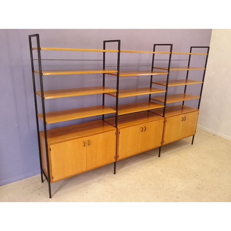Modular clear oak and metal bookcase - 1950s