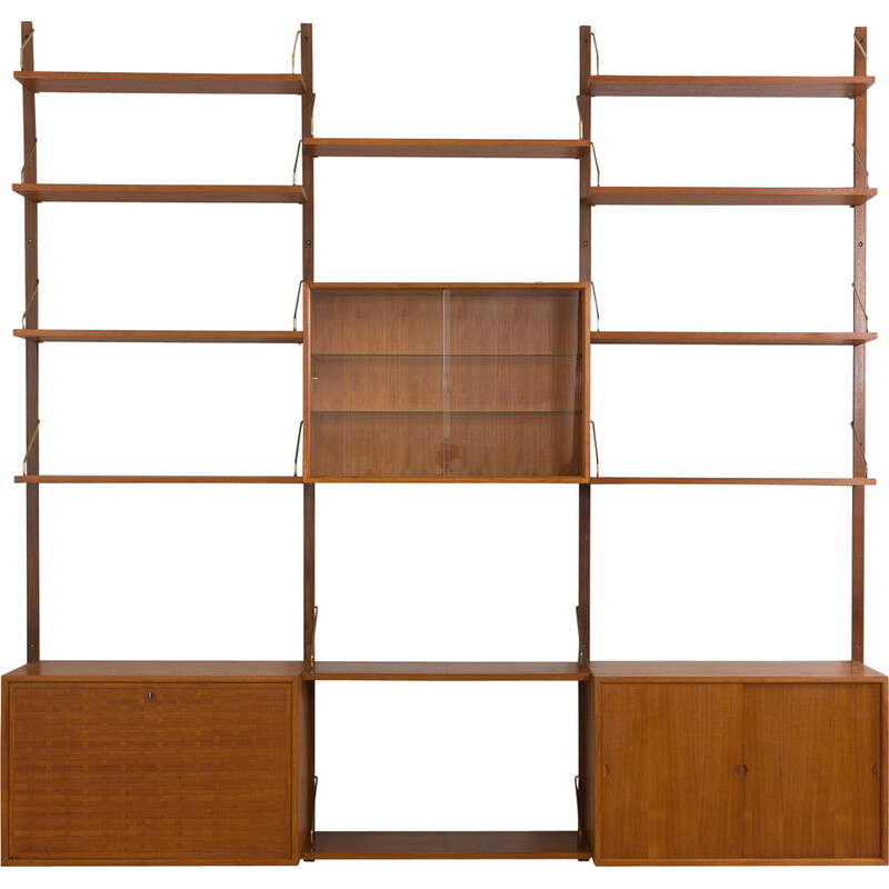 Vintage teak three bay wall unit by Poul Cadovious for Cado, Denmark 1960s