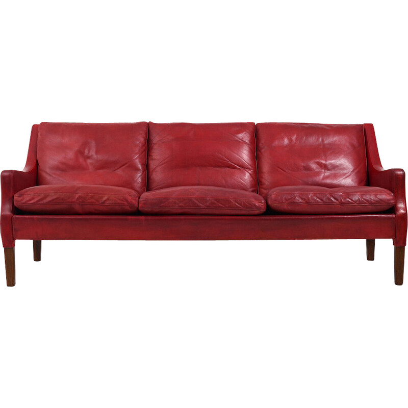 Canapé vintage en cuir rouge indien patiné par Arne Wahl Iversen