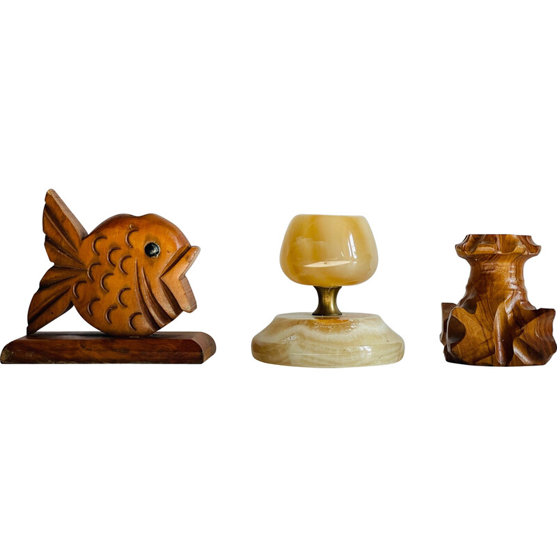 Set of 3 vintage wood and onyx candlestisks