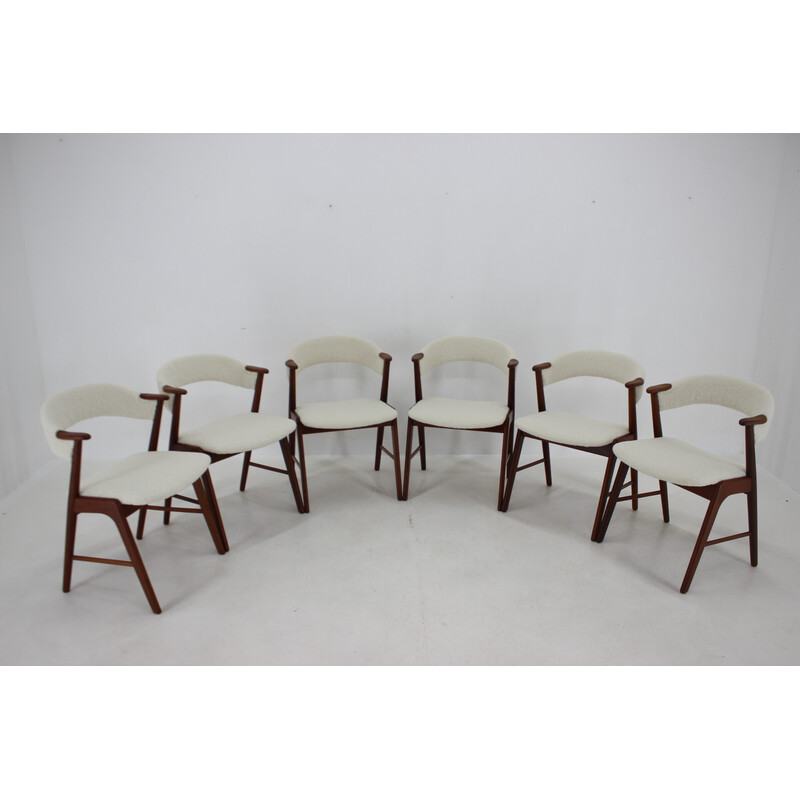 Set of 6 vintage model 32 dining chairs in sheepskin fabric and teak by Kai Kristiansen, Denmark 1960s