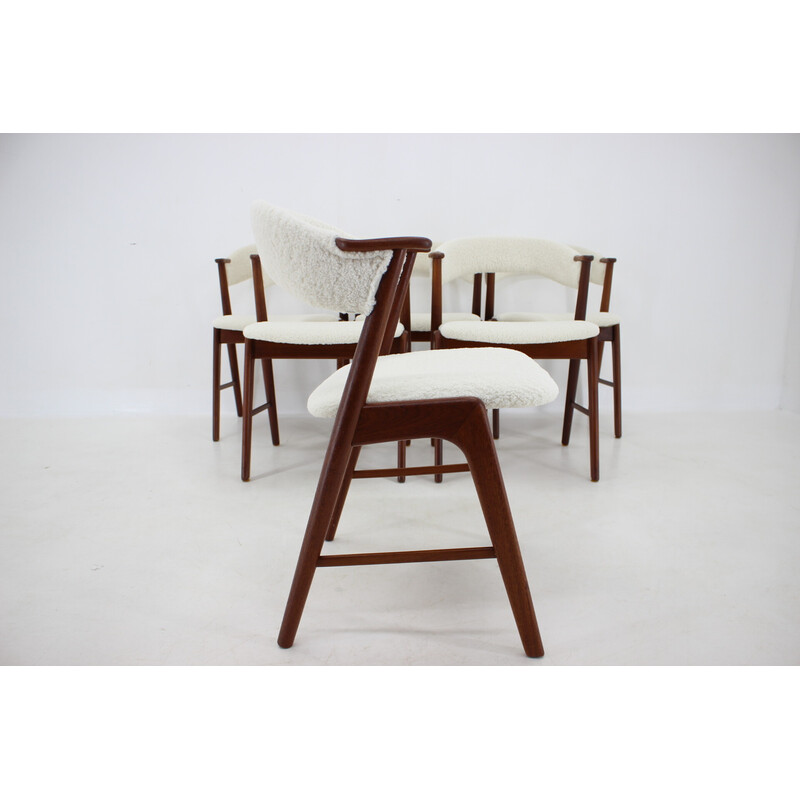 Set of 6 vintage model 32 dining chairs in sheepskin fabric and teak by Kai Kristiansen, Denmark 1960s