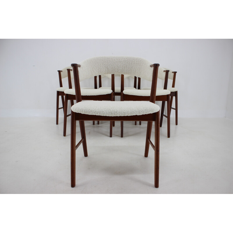 Conjunto de 6 cadeiras de jantar modelo 32 vintage em tecido de pele de ovelha e teca de Kai Kristiansen, Dinamarca Anos 60