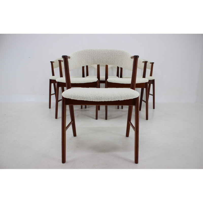 Set of 6 vintage model 32 dining chairs in sheepskin fabric and teak by Kai Kristiansen, Denmark 1960s