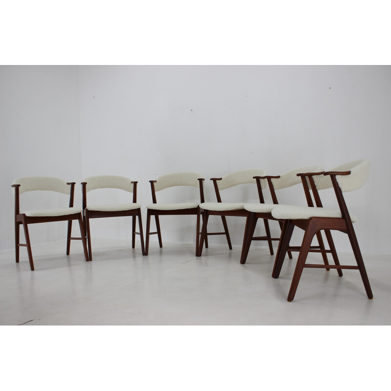 Set of 6 vintage model 32 dining chairs in sheepskin fabric and teak by Kai Kristiansen, Denmark 1960s