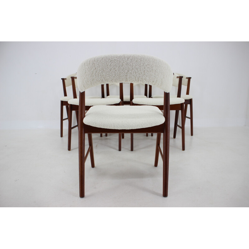 Set of 6 vintage model 32 dining chairs in sheepskin fabric and teak by Kai Kristiansen, Denmark 1960s