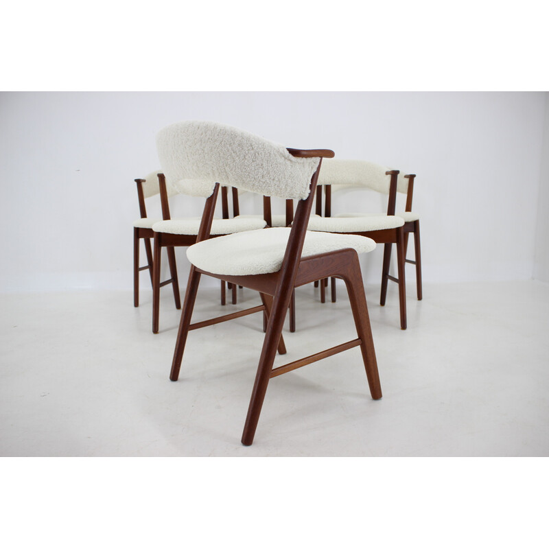 Ensemble de 6 chaises vintage modèle 32 en tissu de peau de mouton et teck par Kai Kristiansen, Danemark 1960