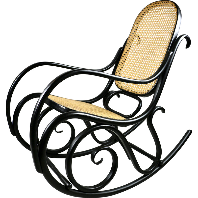 Vintage raffia and black rocking chair