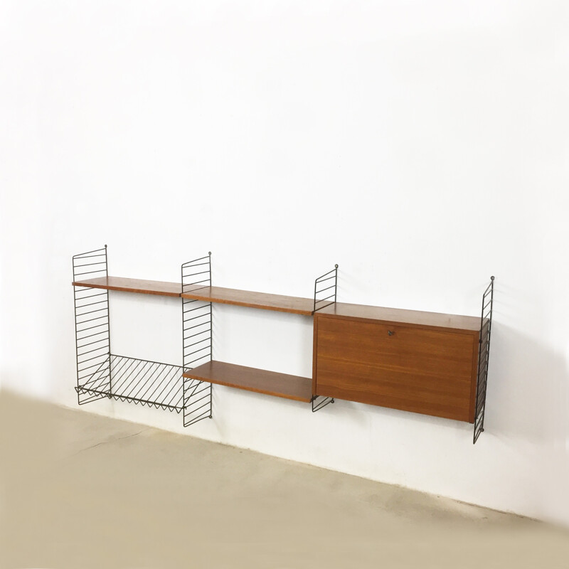 Wall Unit in Teak with cabinet by Nisse Strinning for String Design AB - 1960s