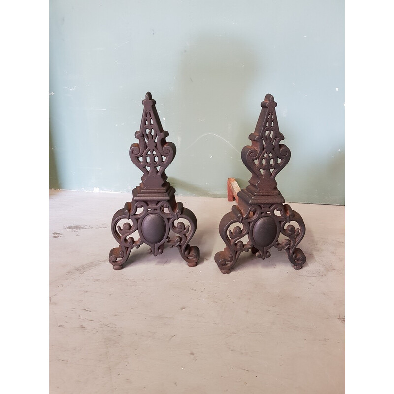 Pair of vintage metal andirons, France