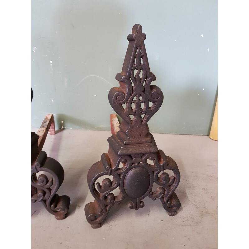 Pair of vintage metal andirons, France