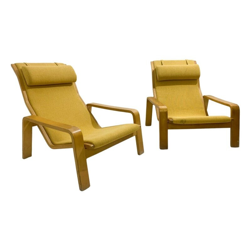 Pair of mid-century Pulkka armchairs by Ilmari Lappalainen for Asko, 1970s