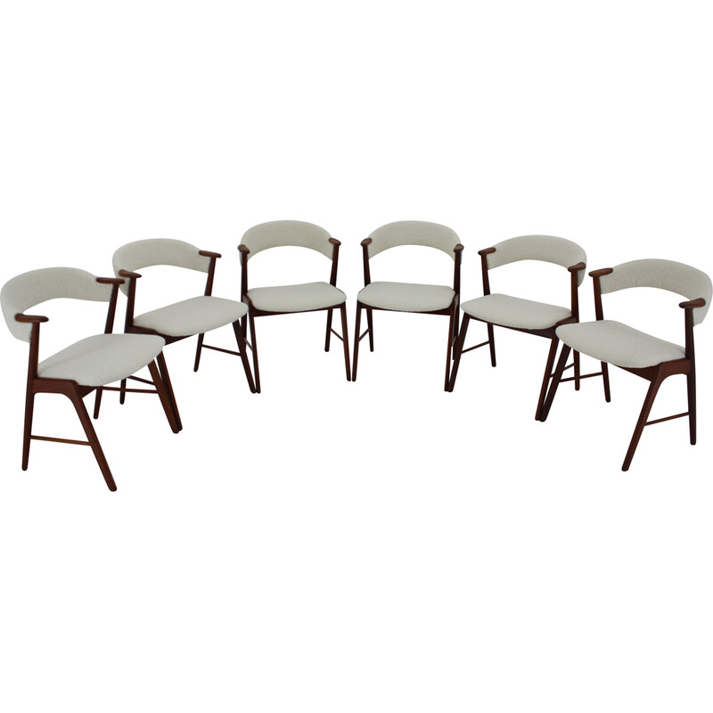 Set of 6 vintage model 32 dining chairs in sheepskin fabric and teak by Kai Kristiansen, Denmark 1960s